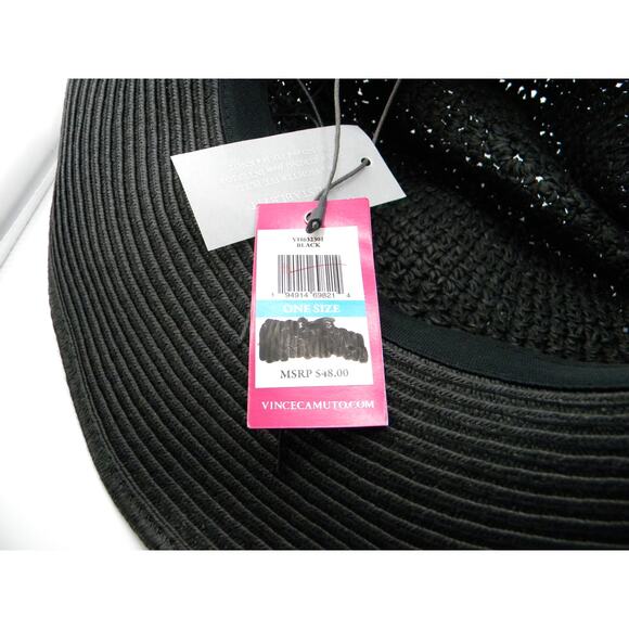 Vince Camuto Women's Black‎ Woven Paper Straw Sun Hat Beaded Band OS Beach - Picture 4 of 6